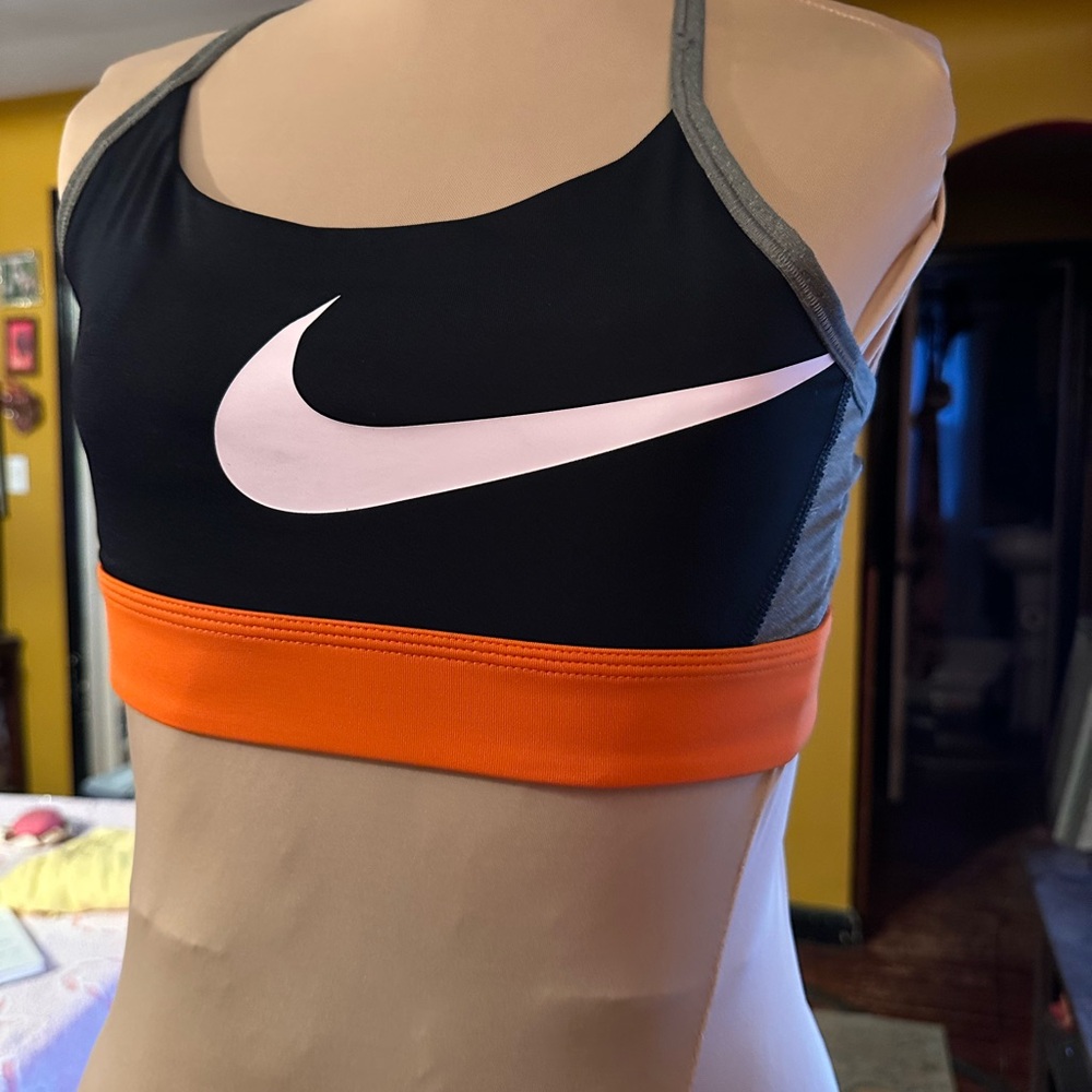 Nike Black Sports Bra with Orange Band and Pink Swoosh